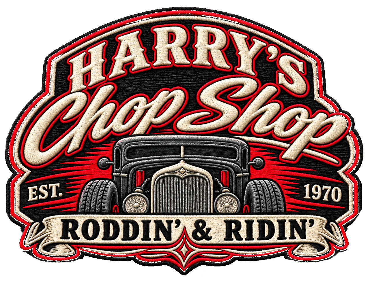 Harry's Chop Shop embroidered badge with a hot rod and Roddin' & Ridin' lettering